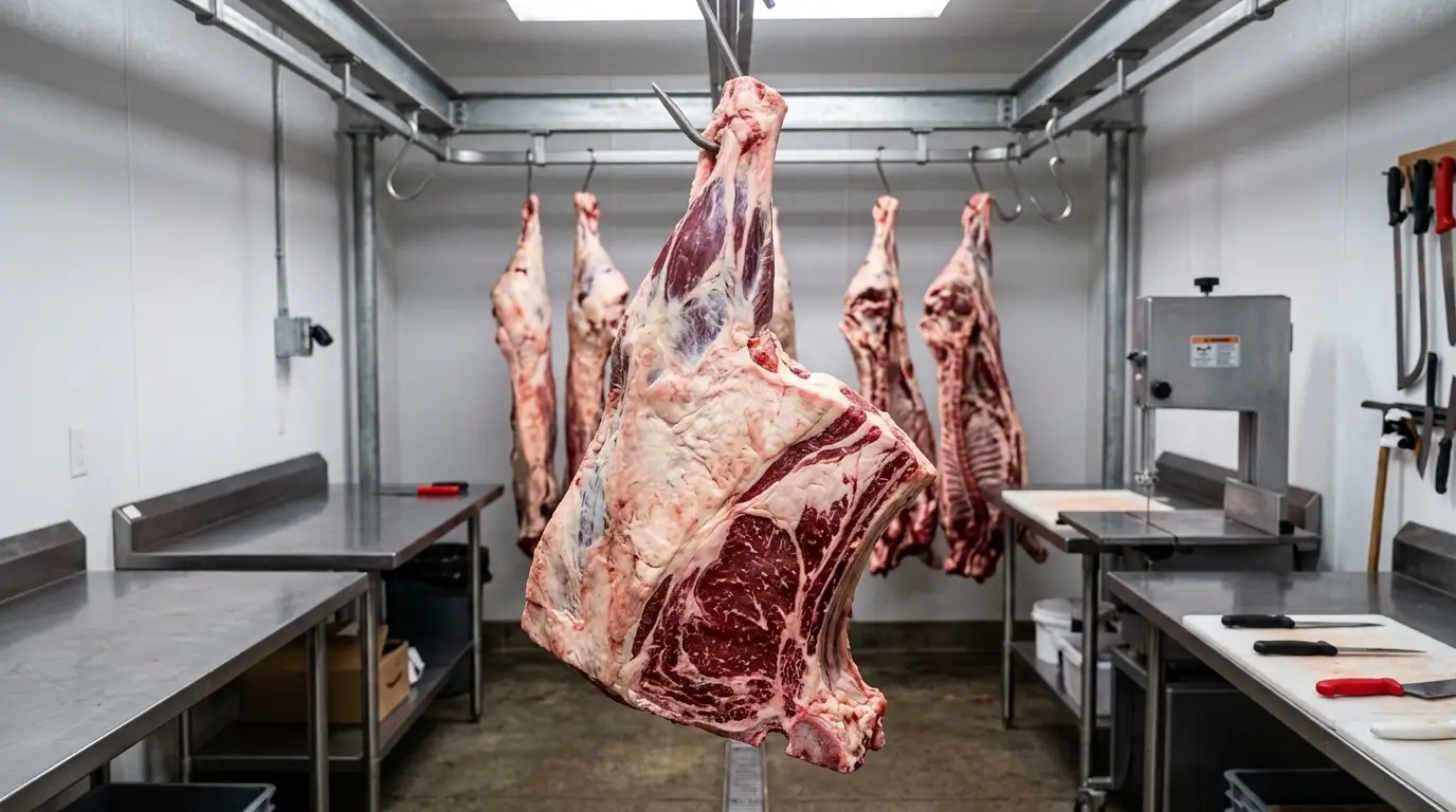 Beef quarter hanging in a processing cooler