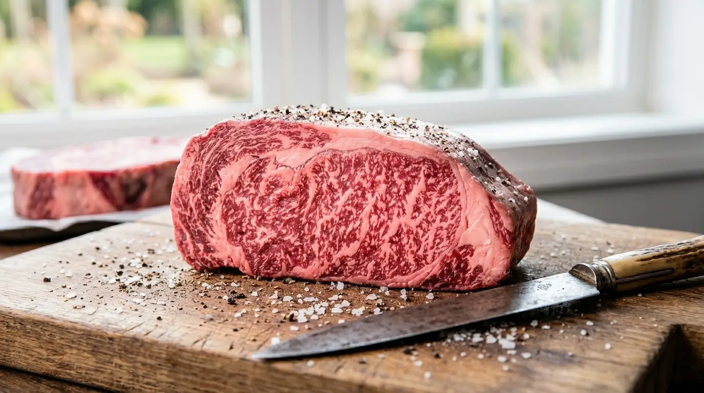 Marbled Wagyu beef on a cutting board